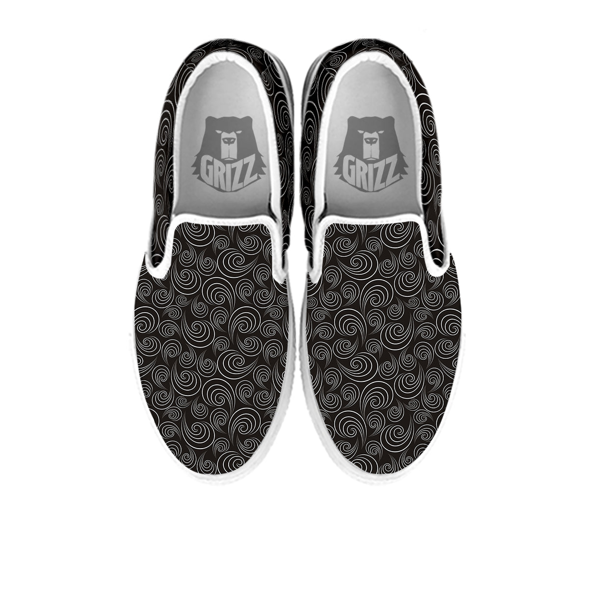 Black Spiral Wave Print Pattern White Slip On Shoes-grizzshop