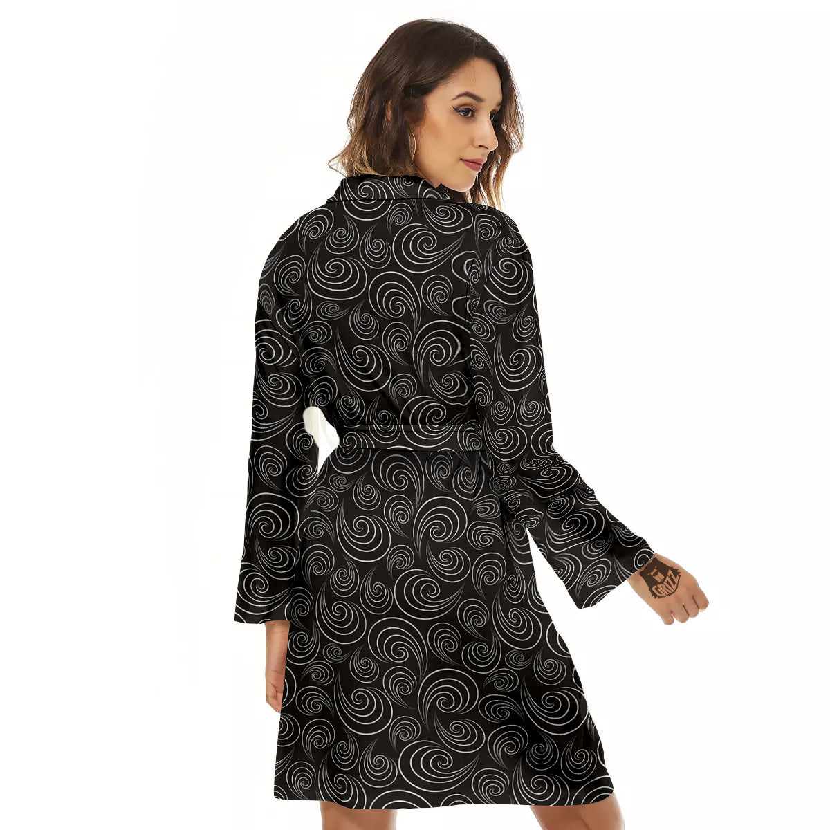 Black Spiral Wave Print Pattern Women's Robe-grizzshop
