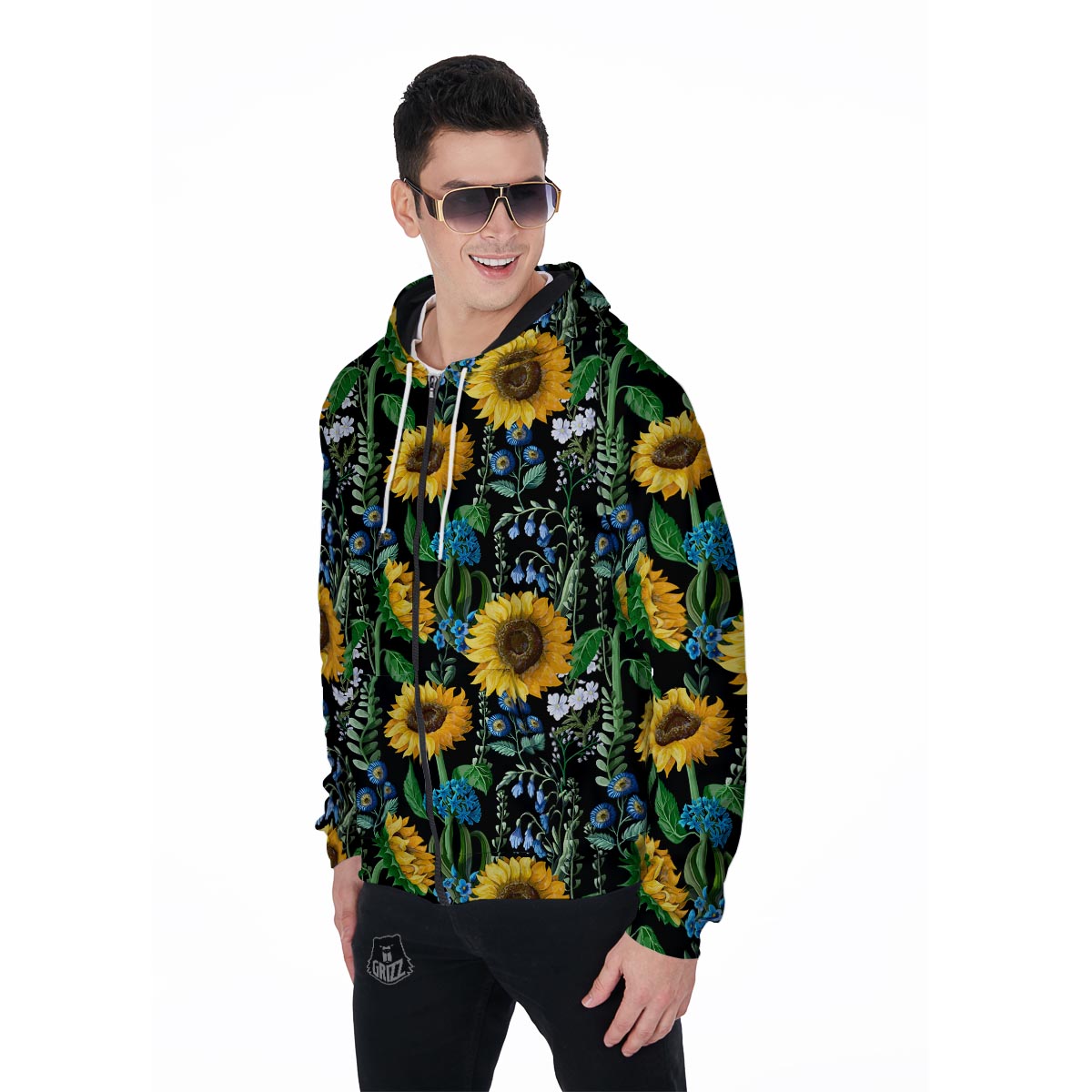 Black Sunflower Floral Men's Zip Up Hoodie-grizzshop