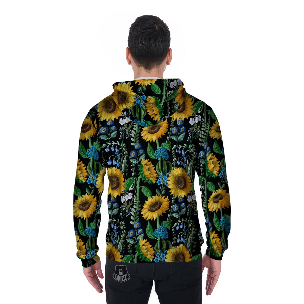 Black Sunflower Floral Men's Zip Up Hoodie-grizzshop