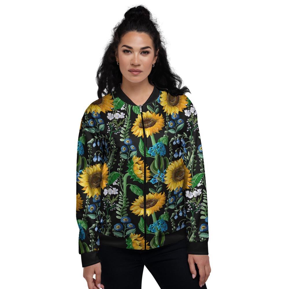 Black Sunflower Floral Women's Bomber Jacket-grizzshop