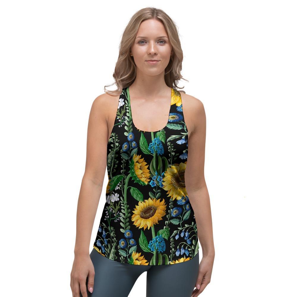 Black Sunflower Floral Women's Racerback Tank Top-grizzshop