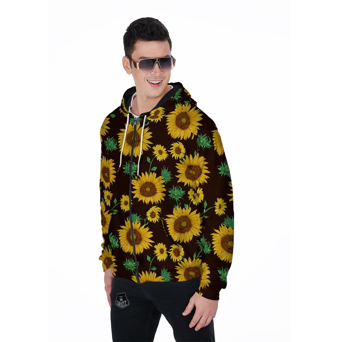 Black Sunflower Print Men's Zip Up Hoodie-grizzshop