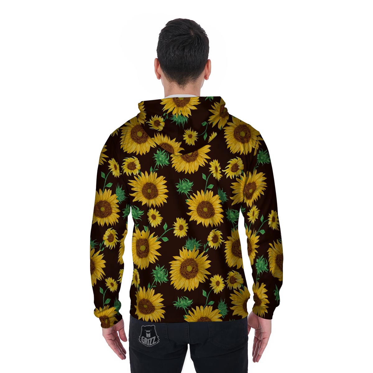 Black Sunflower Print Men's Zip Up Hoodie-grizzshop