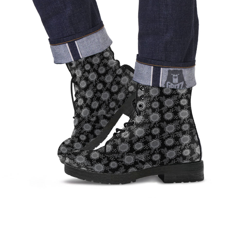 Black Sunflower Print Pattern Leather Boots-grizzshop