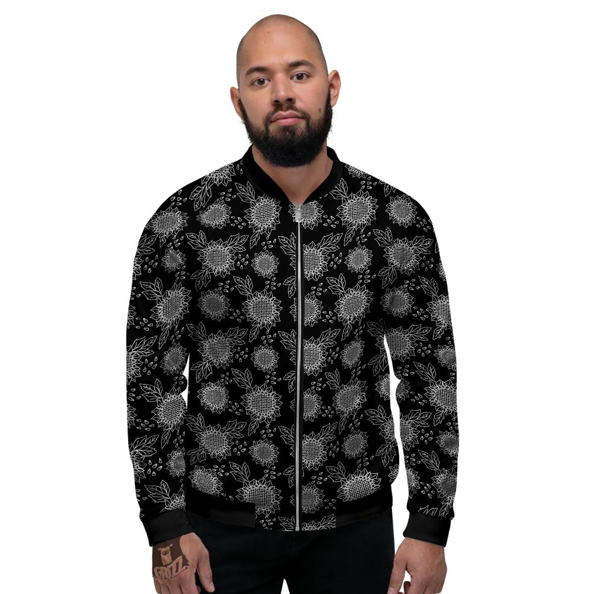 Black Sunflower Print Pattern Men's Bomber Jacket-grizzshop