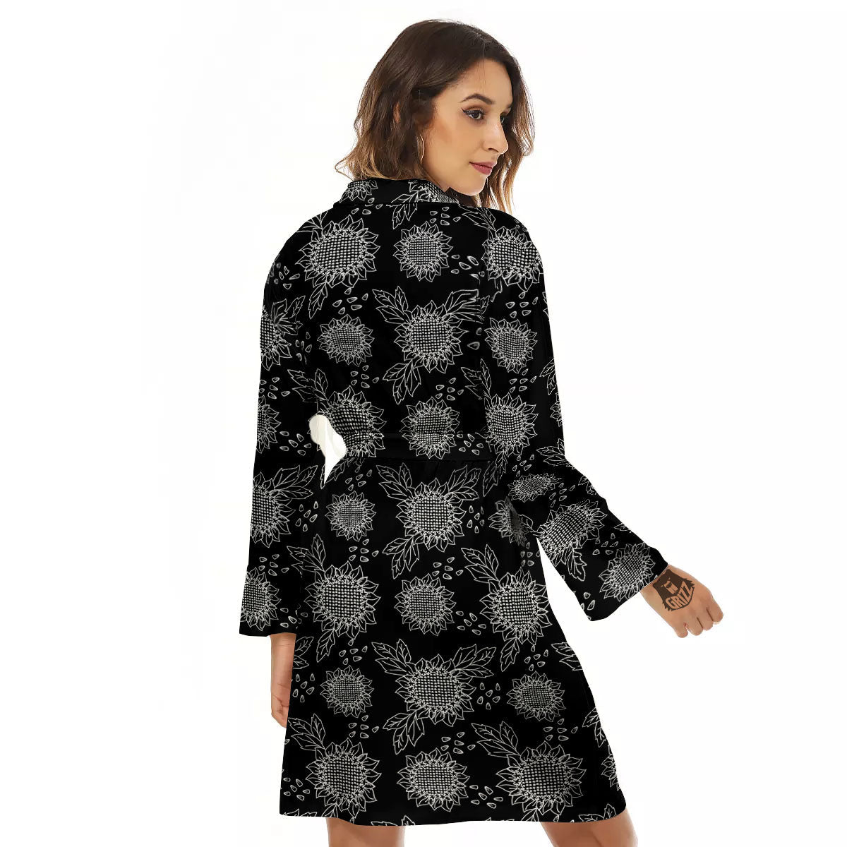 Black Sunflower Print Pattern Women's Robe-grizzshop