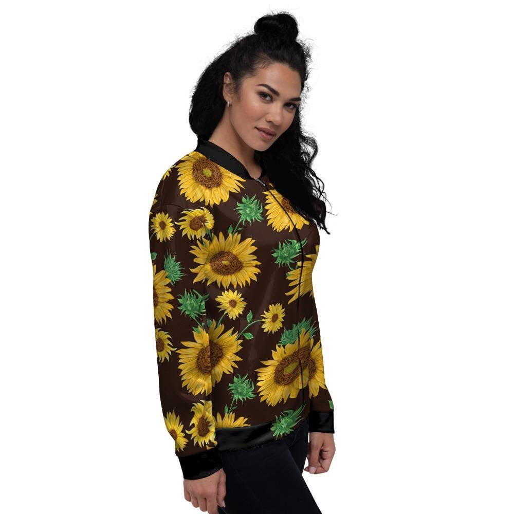 Black Sunflower Print Women's Bomber Jacket-grizzshop