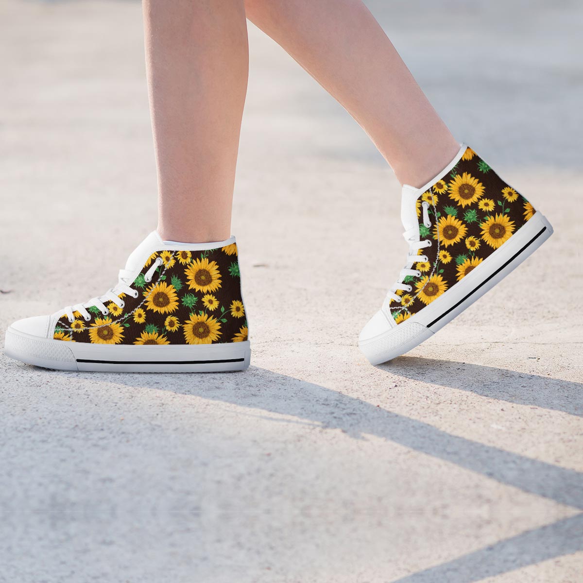 Black Sunflower Print Women's High Top Shoes-grizzshop
