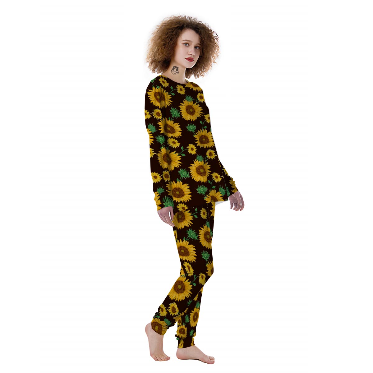 Black Sunflower Print Women's Pajamas-grizzshop