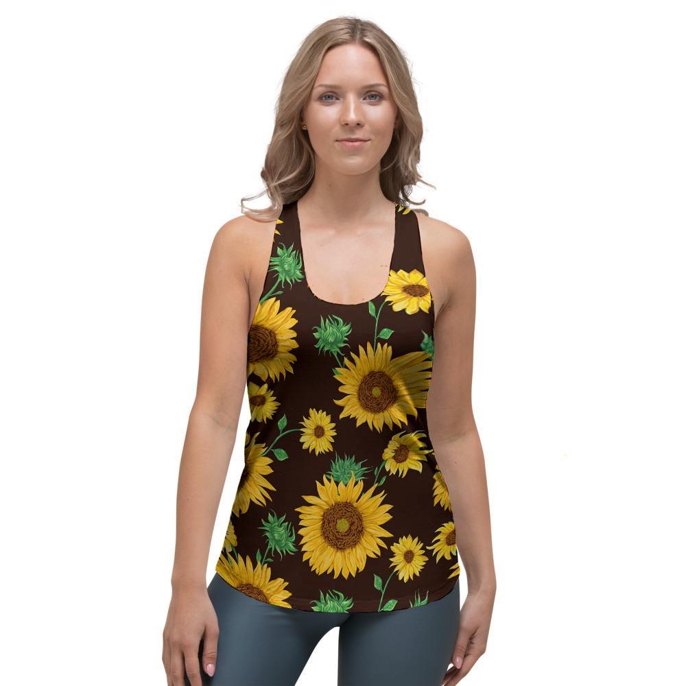 Black Sunflower Print Women's Racerback Tank Top-grizzshop