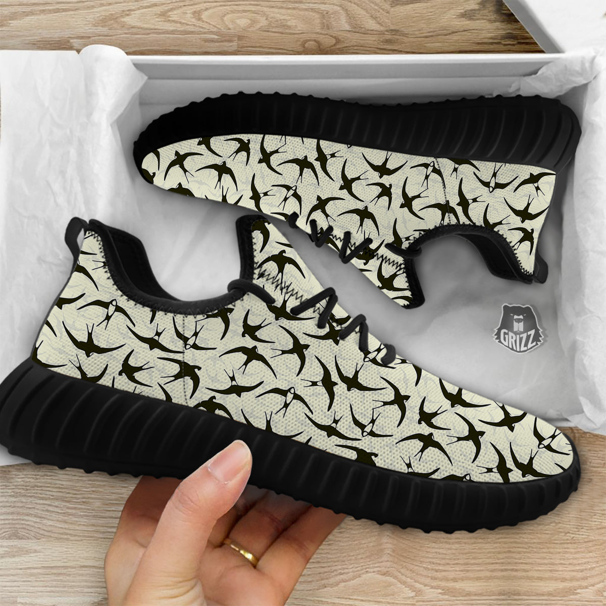 Black Swallow Vintage Print Pattern Black Walking Shoes-grizzshop