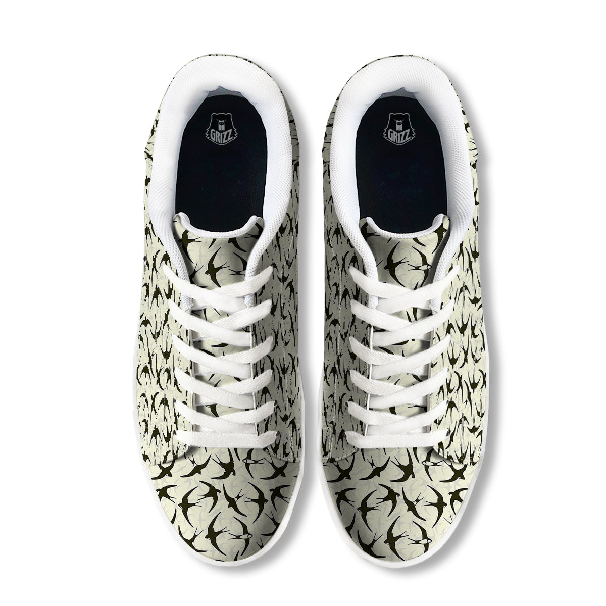 Black Swallow Vintage Print Pattern White Low Top Sneakers-grizzshop