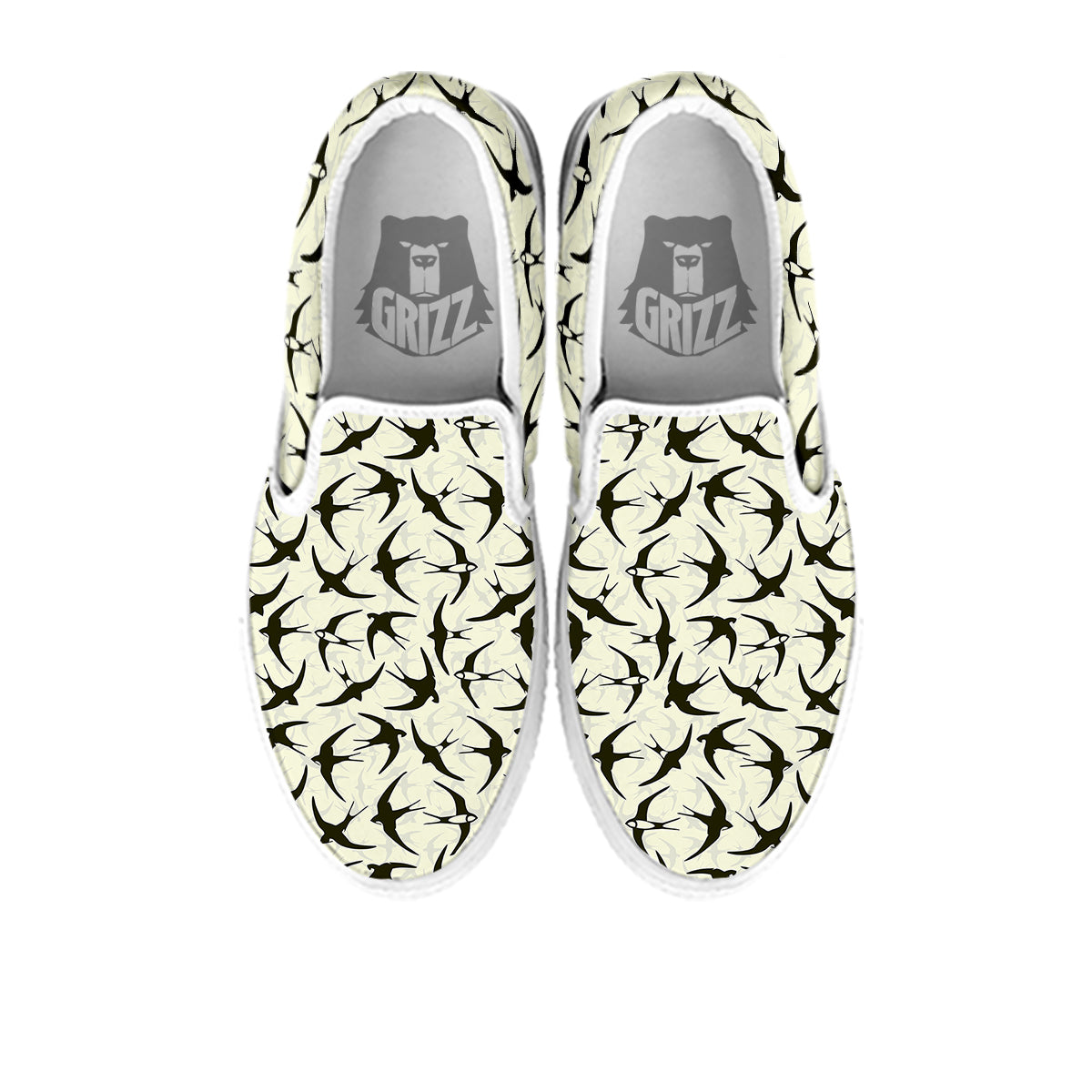 Black Swallow Vintage Print Pattern White Slip On Shoes-grizzshop