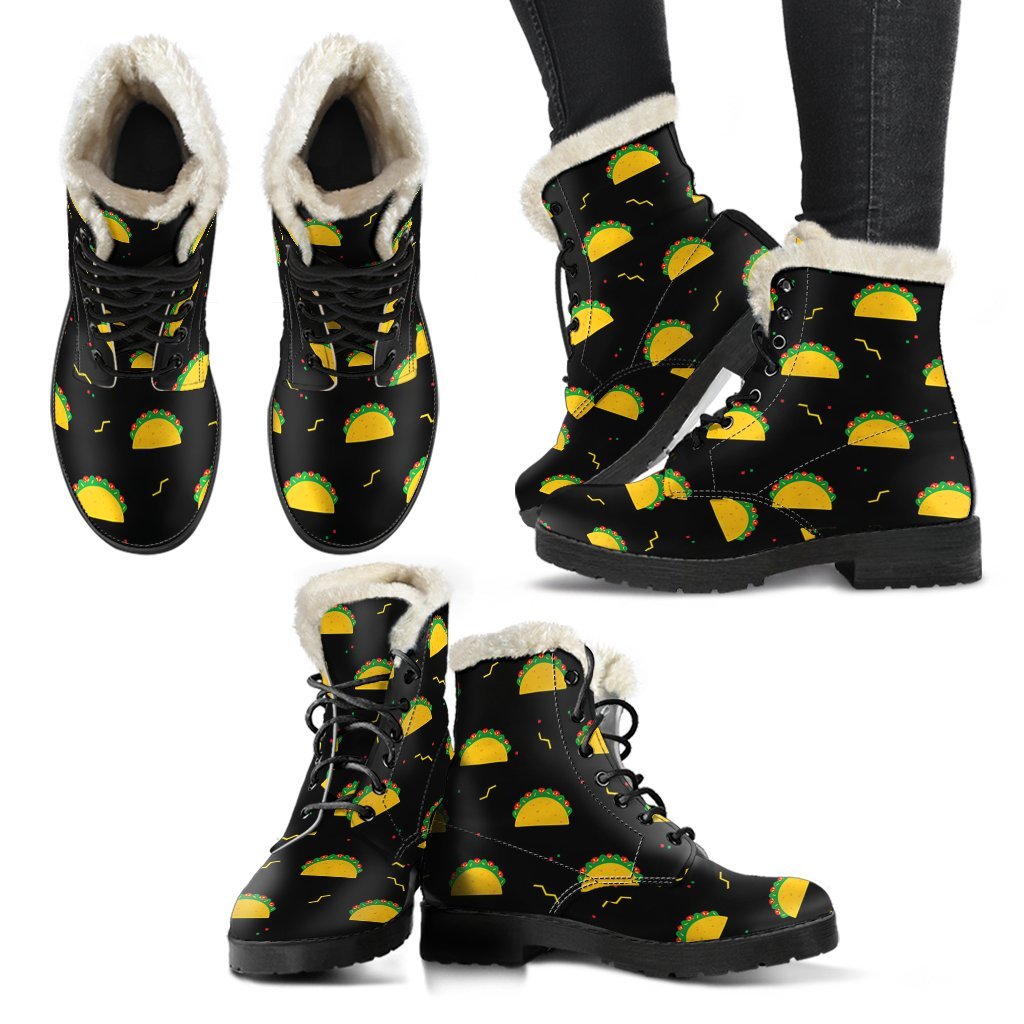 Black Taco Pattern Print Comfy Winter Boots-grizzshop