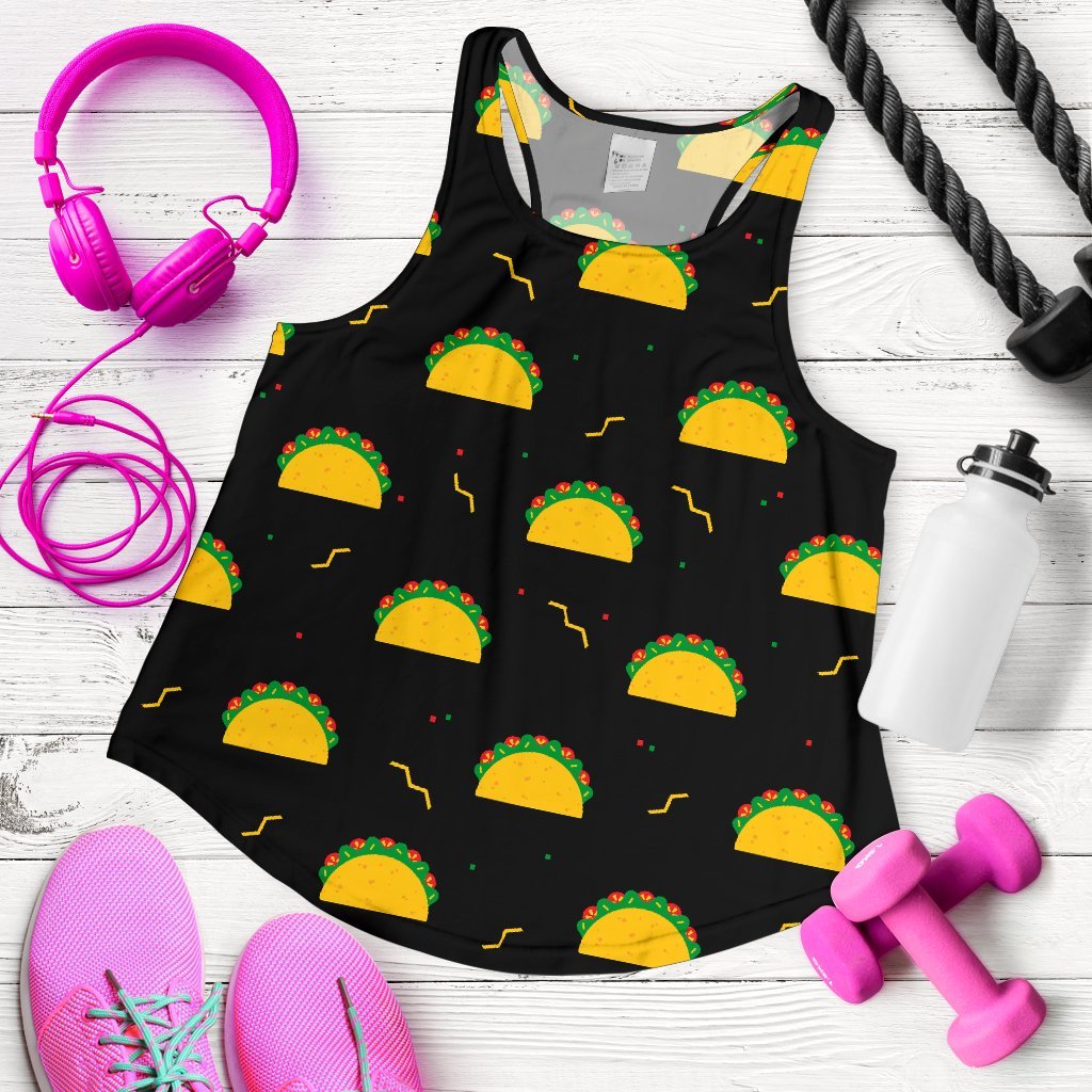 Black Taco Pattern Print Women's Racerback Tank Tops-grizzshop