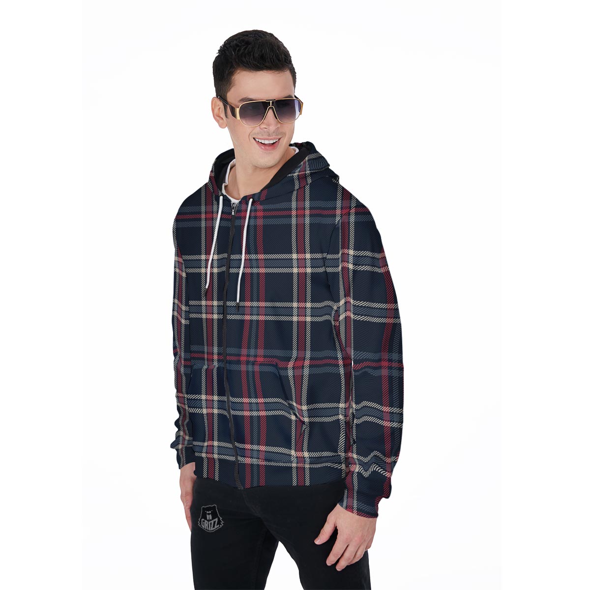 Black Tartan Plaid Men's Zip Up Hoodie-grizzshop