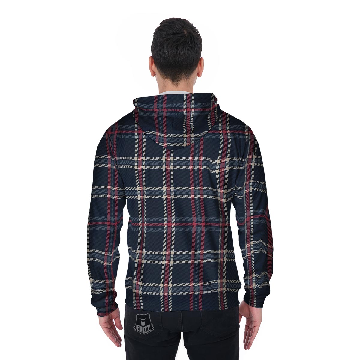 Black Tartan Plaid Men's Zip Up Hoodie-grizzshop