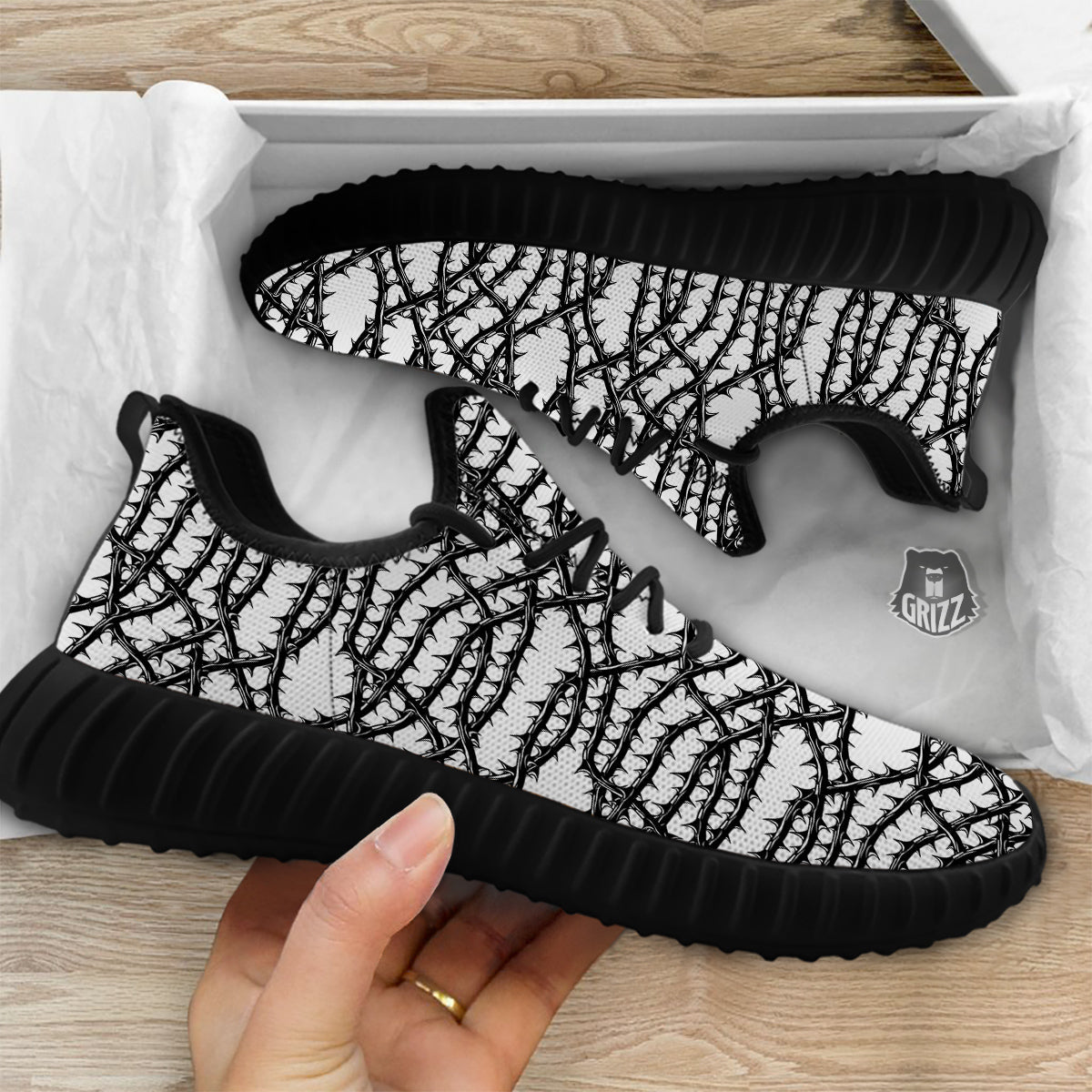 Black Thorn Horror Style Print Pattern Black Walking Shoes-grizzshop