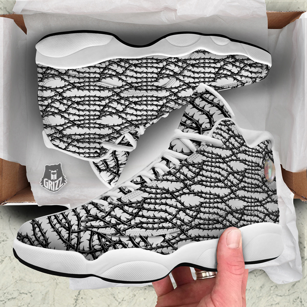 Black Thorn Horror Style Print Pattern White Basketball Shoes-grizzshop