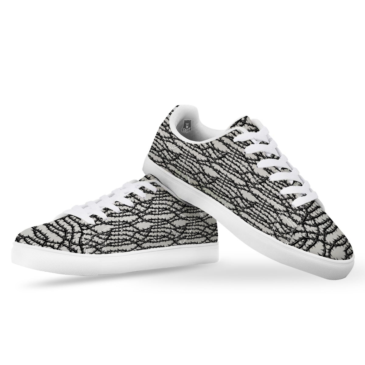 Black Thorn Horror Style Print Pattern White Low Top Sneakers-grizzshop