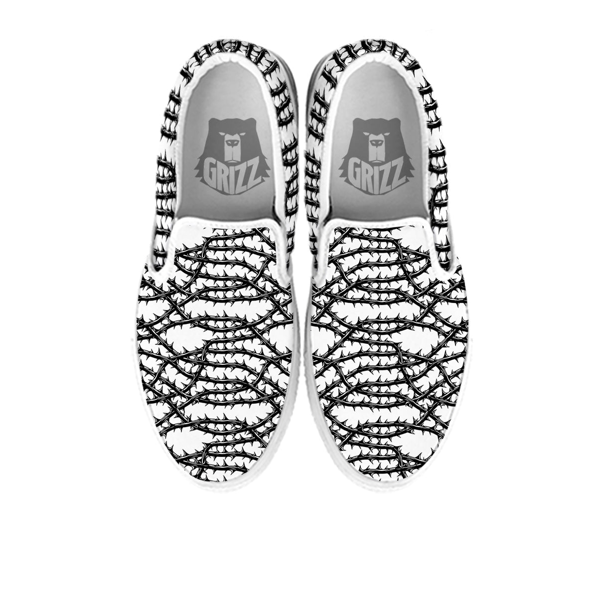 Black Thorn Horror Style Print Pattern White Slip On Shoes-grizzshop