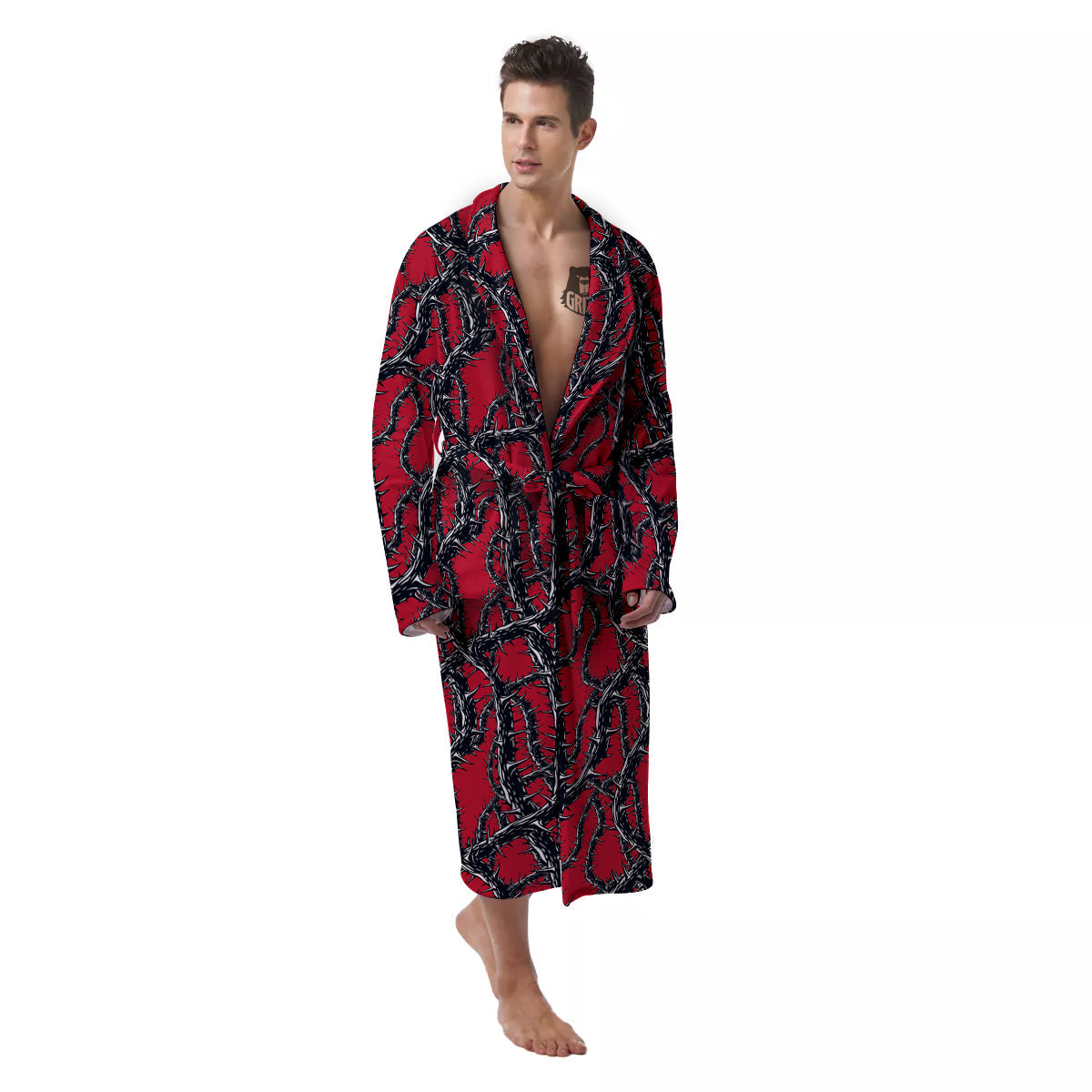 Black Thorns Horror Print Pattern Men's Robe-grizzshop