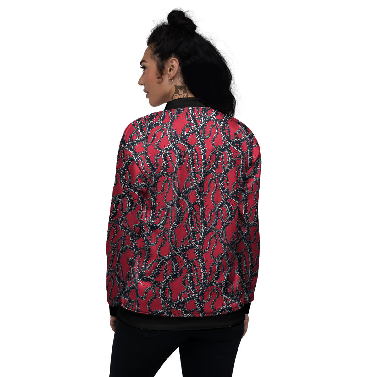 Black Thorns Horror Print Pattern Women's Bomber Jacket-grizzshop