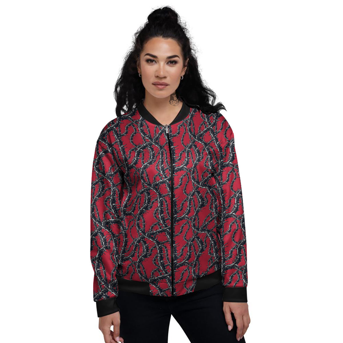 Black Thorns Horror Print Pattern Women's Bomber Jacket-grizzshop