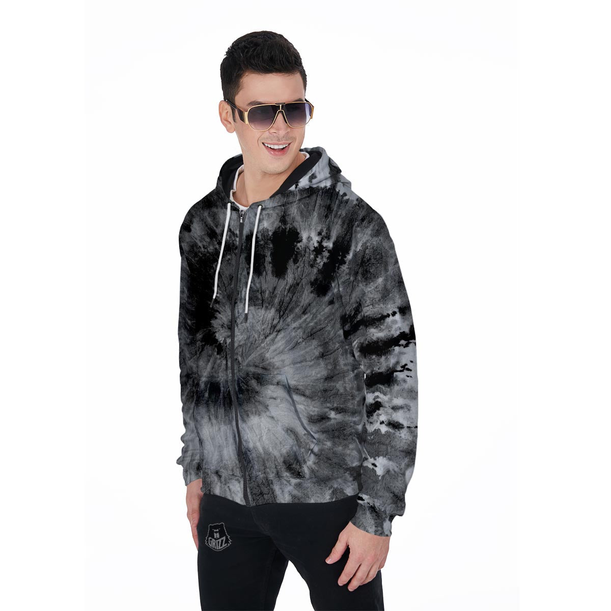 Black Tie Dye Men's Zip Up Hoodie-grizzshop