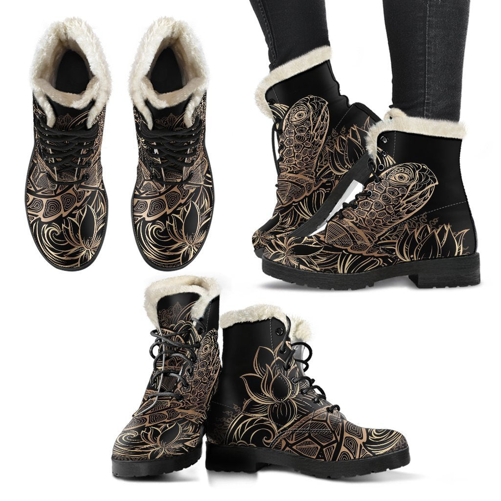 Black Turtle Hawaiian Pattern Print Comfy Winter Boots-grizzshop