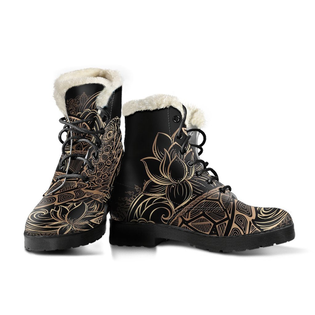 Black Turtle Hawaiian Pattern Print Comfy Winter Boots-grizzshop