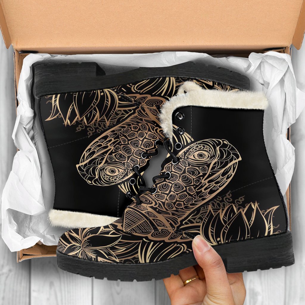 Black Turtle Hawaiian Pattern Print Comfy Winter Boots-grizzshop