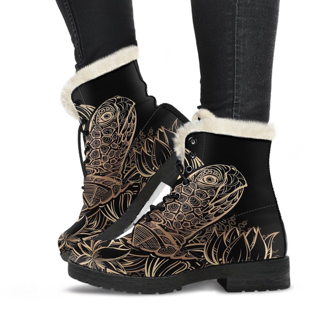 Black Turtle Hawaiian Pattern Print Comfy Winter Boots-grizzshop