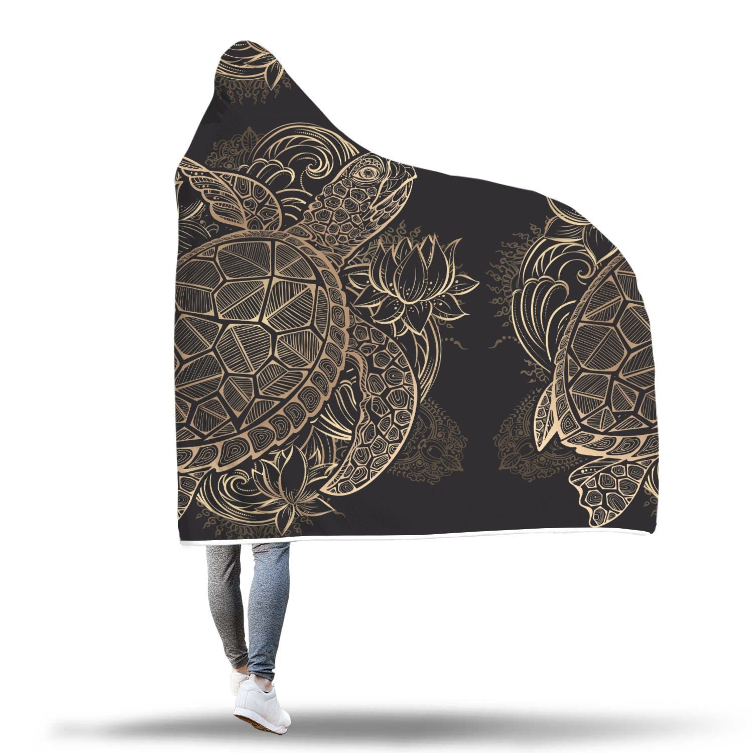 Black Turtle Hawaiian Pattern Print Hooded Blanket-grizzshop