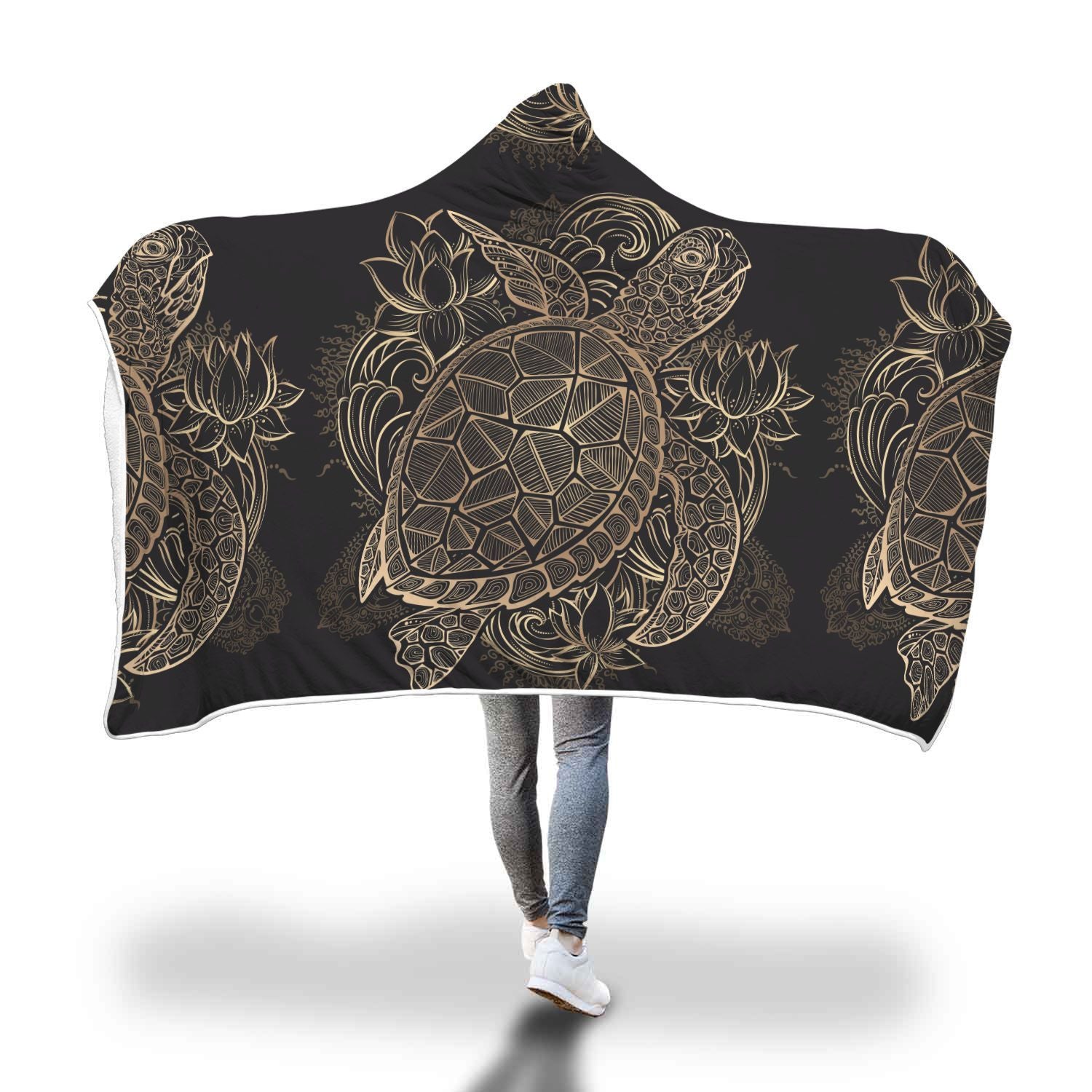 Black Turtle Hawaiian Pattern Print Hooded Blanket-grizzshop