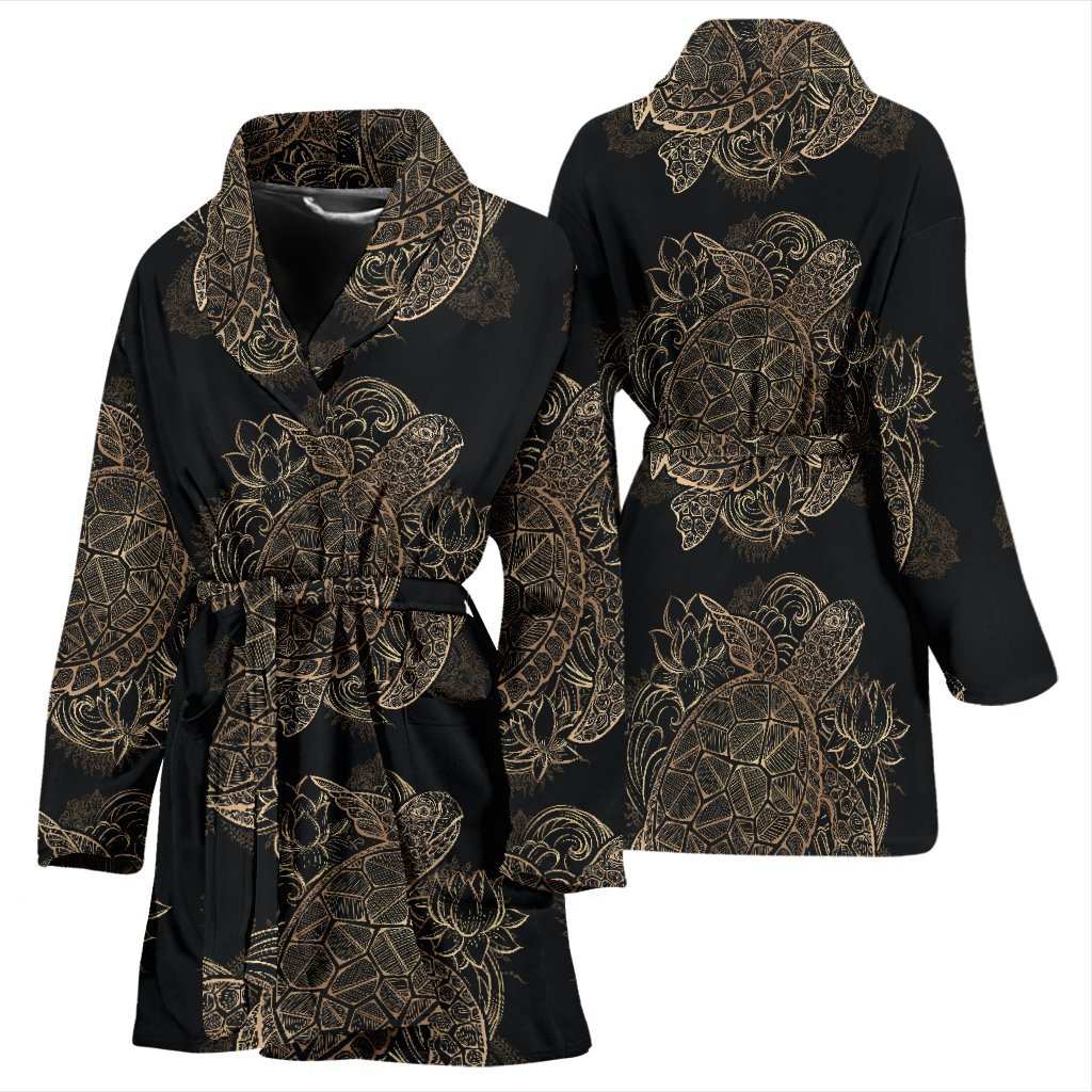Black Turtle Hawaiian Pattern Print Women Long Robe-grizzshop