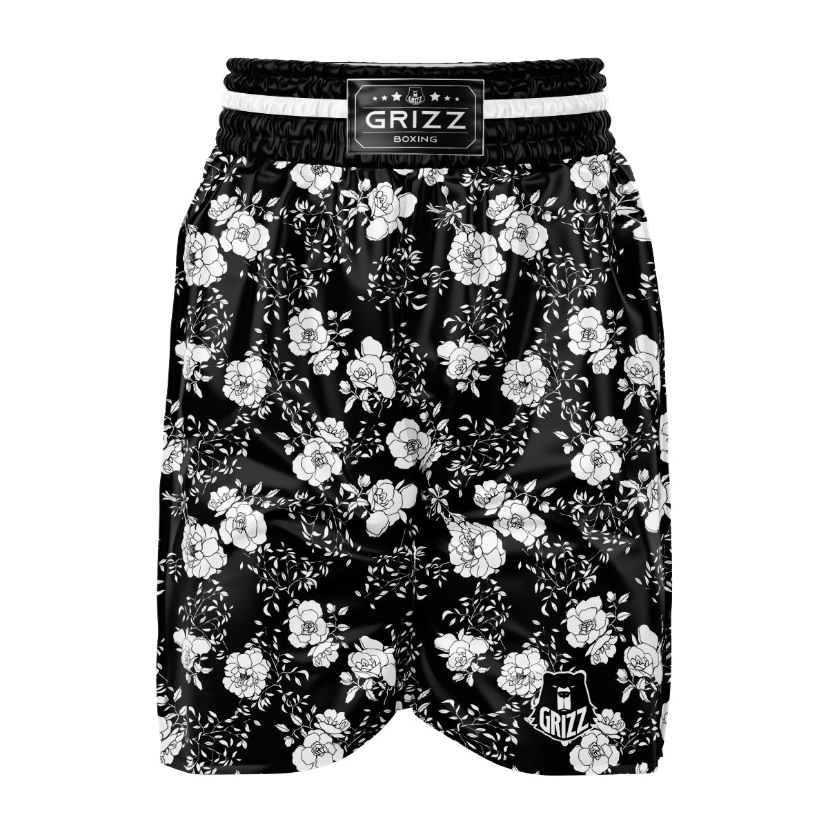 Black Vintage And White Floral Print Pattern Muay Thai Boxing Shorts main image 1