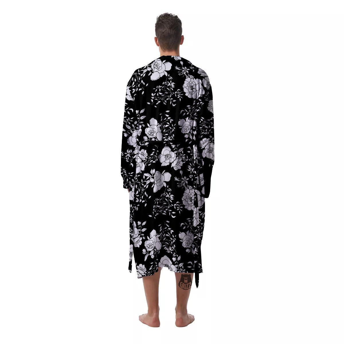 Black Vintage And White Floral Print Pattern Men's Robe-grizzshop
