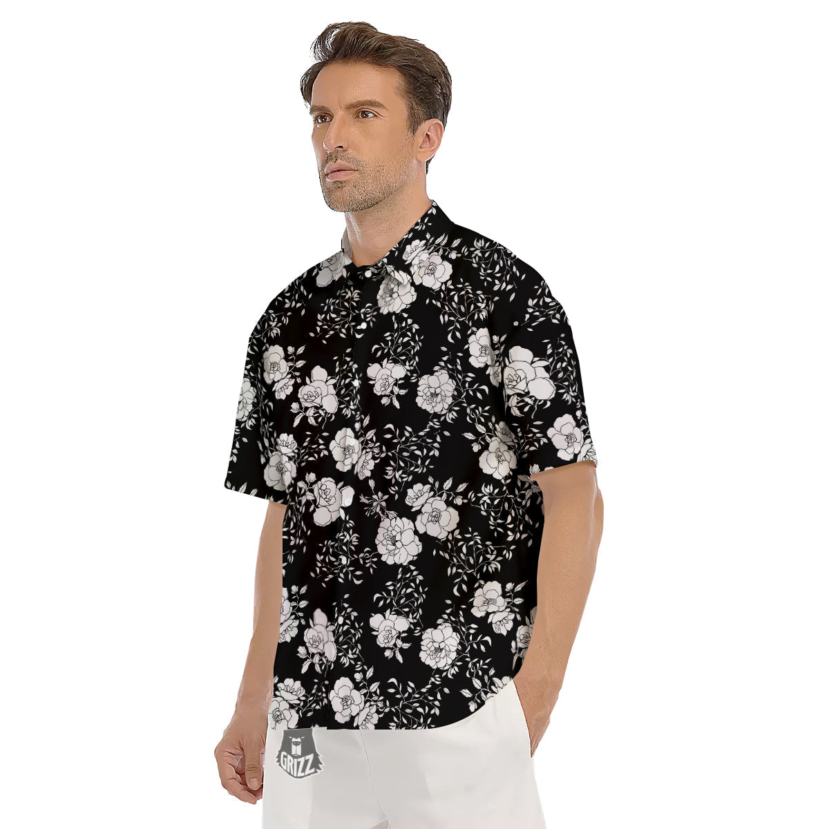 Black Vintage And White Floral Print Pattern Men's Short Sleeve Shirts-grizzshop