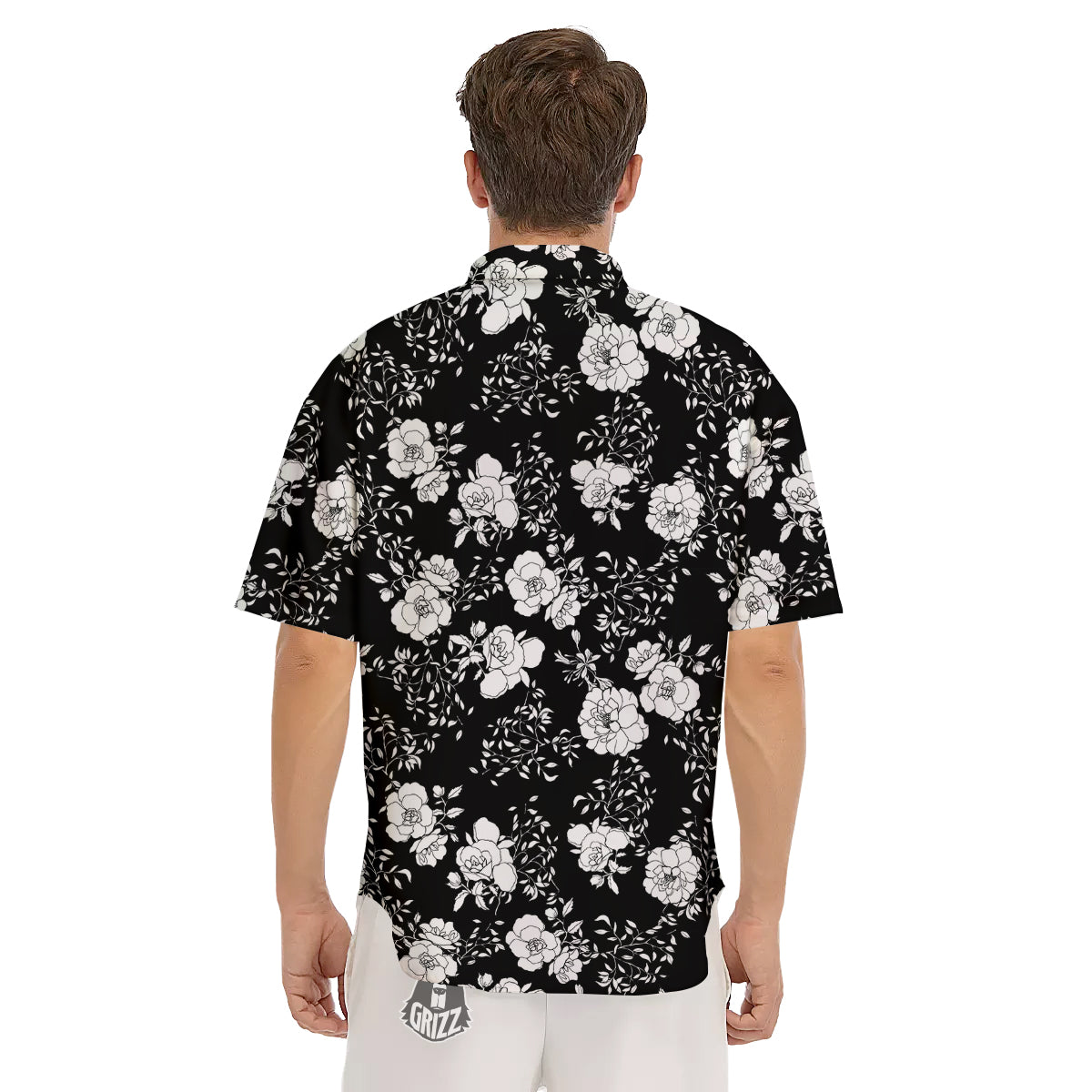 Black Vintage And White Floral Print Pattern Men's Short Sleeve Shirts-grizzshop