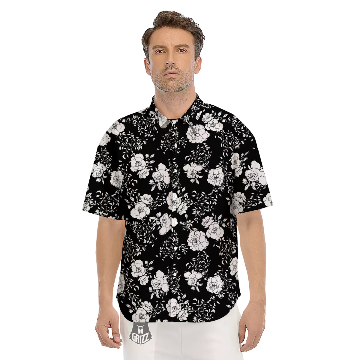 Black Vintage And White Floral Print Pattern Men's Short Sleeve Shirts-grizzshop