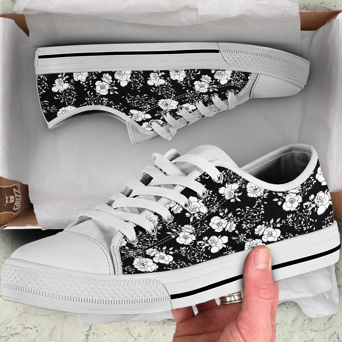 Black Vintage And White Floral Print Pattern White Low Top Shoes-grizzshop