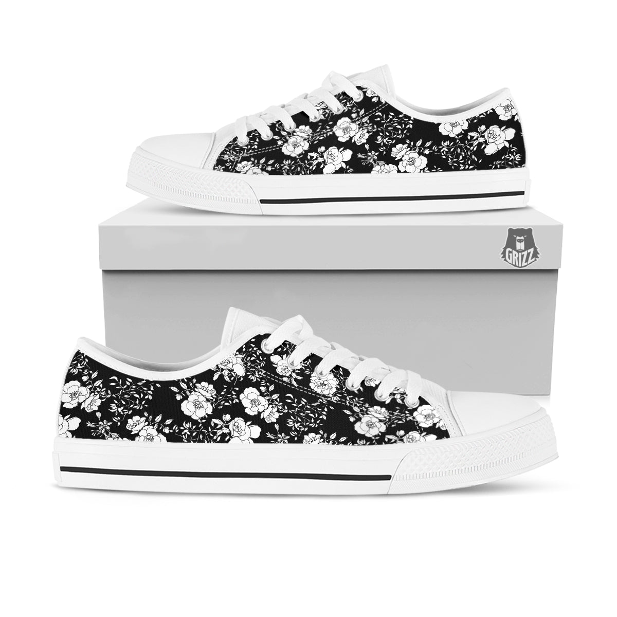 Black Vintage And White Floral Print Pattern White Low Top Shoes-grizzshop