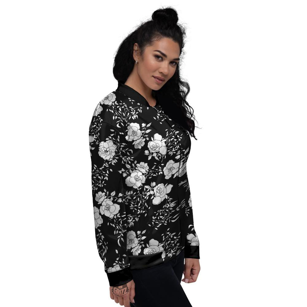 Black Vintage And White Floral Print Pattern Women's Bomber Jacket-grizzshop