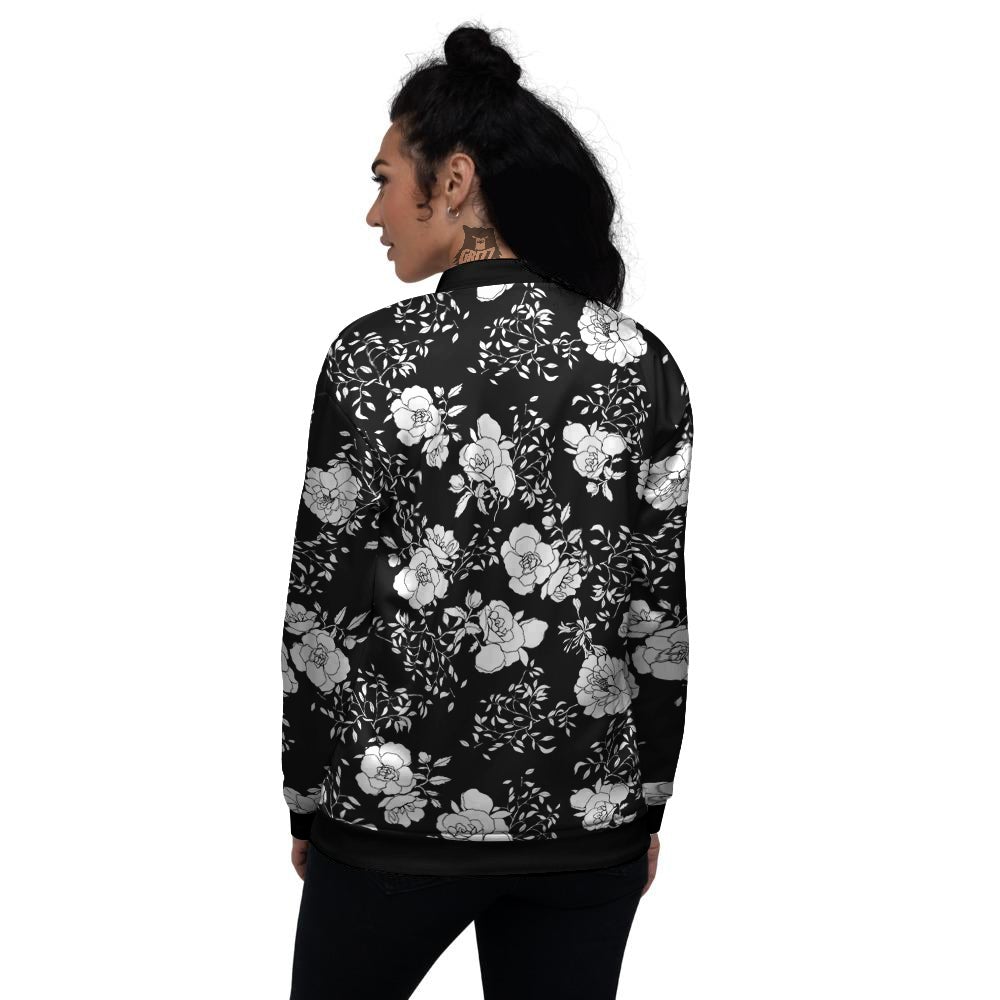 Black Vintage And White Floral Print Pattern Women's Bomber Jacket-grizzshop