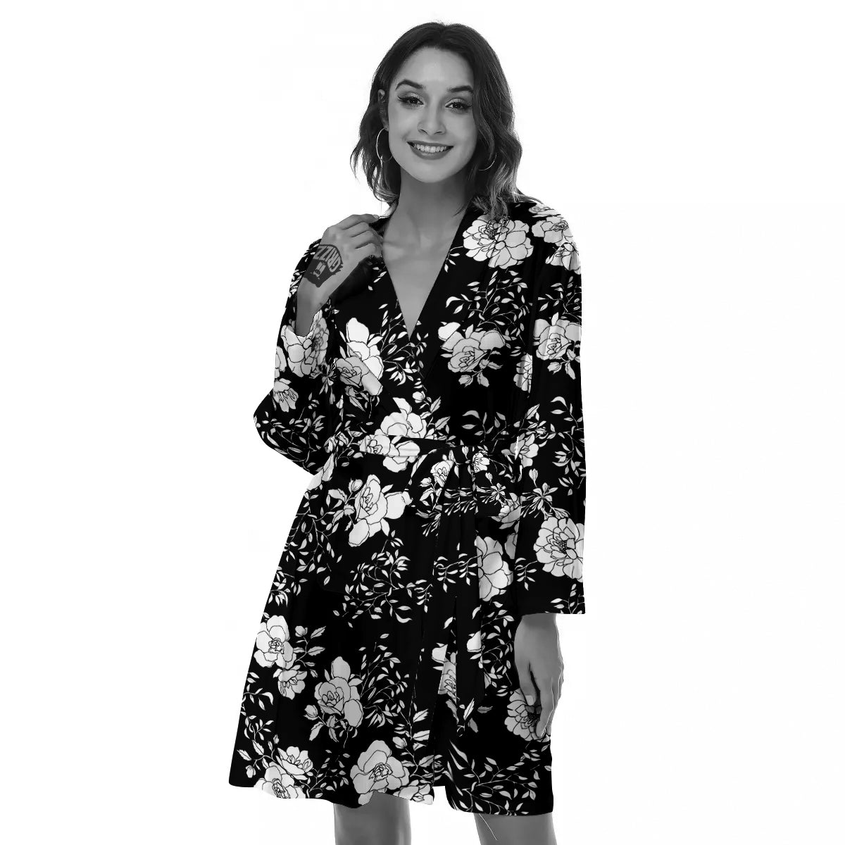 Black Vintage And White Floral Print Pattern Women's Robe-grizzshop