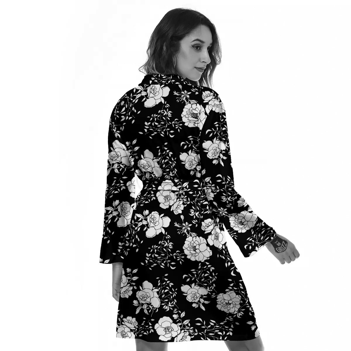 Black Vintage And White Floral Print Pattern Women's Robe-grizzshop
