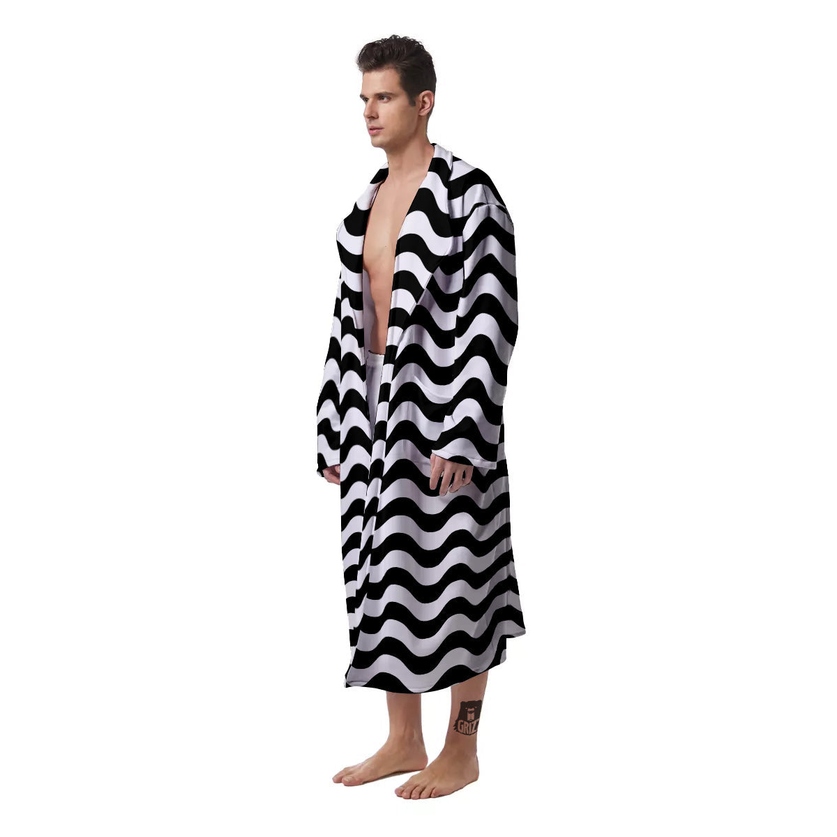 Black Wave Striped Print Men's Robe-grizzshop
