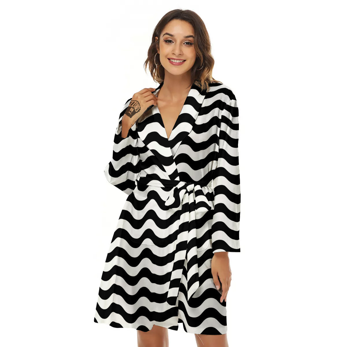 Black Wave Striped Print Women's Robe-grizzshop